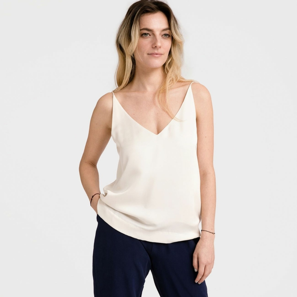 Grana Chinese Silk V-Neck Camisole, Off White, S